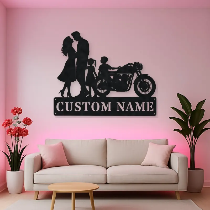 Personalized Classic Motorcycle Family of Four Metal Wall Art