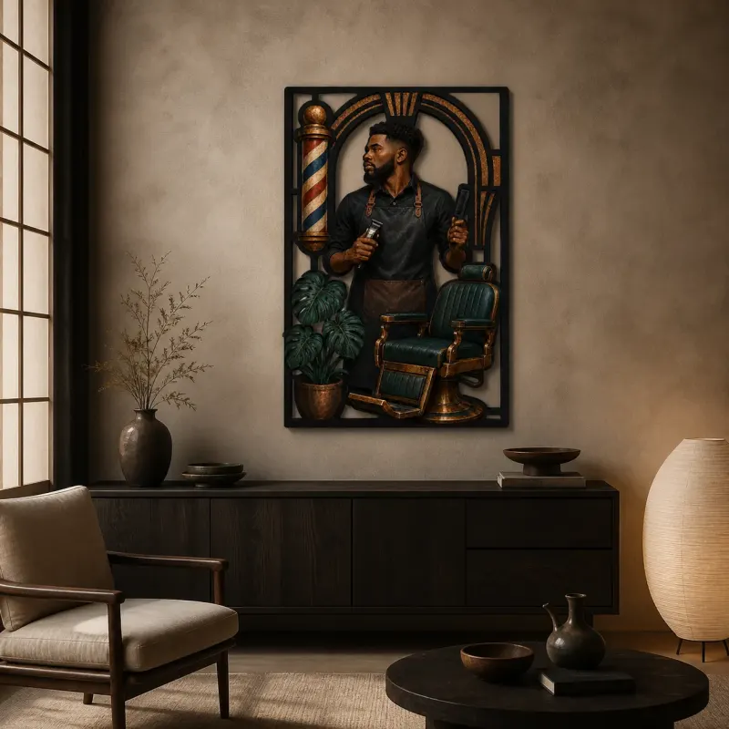 Black Barber with Vintage Chair and Shop Pole Colorful Metal Wall Art