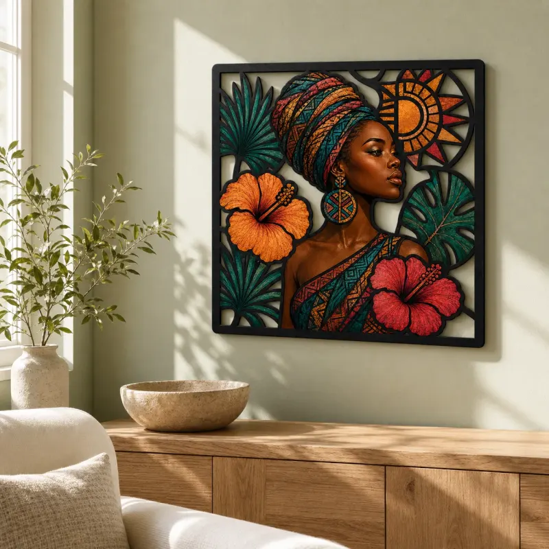 Afro Woman in Headwrap with Tropical Hibiscus Colorful Metal Wall Art