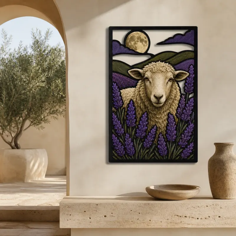 Sheep among Lavender Fields beneath Full Moon Colorful Metal Wall Art