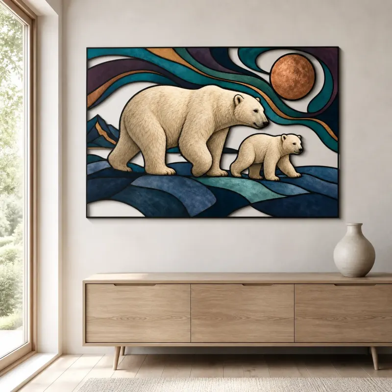 Polar Bear Mother and Cub beneath Copper Moon Colorful Metal Wall Art