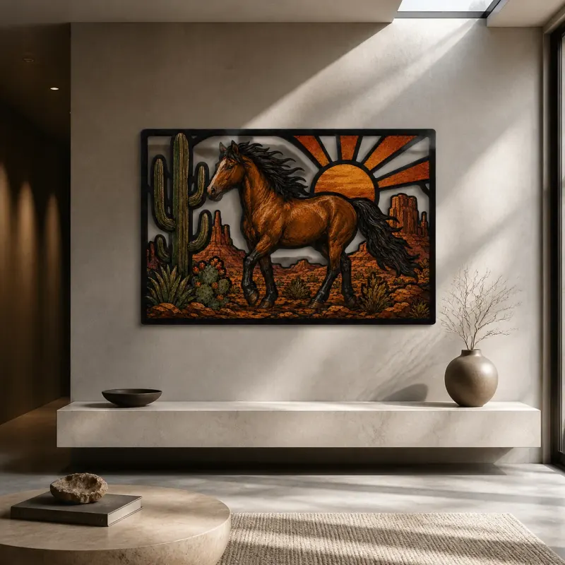 Wild Horse Running through Cactus Desert Colorful Metal Wall Art