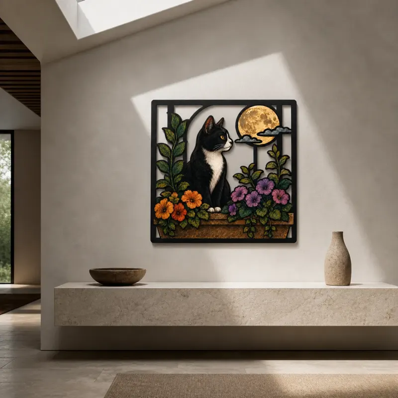 Tuxedo Cat in Flower Window beneath Full Moon Colorful Metal Wall Art