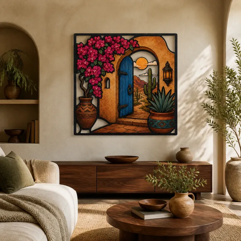 Insegna in metallo colorata con porta adobe blu, bougainvillea e cactus