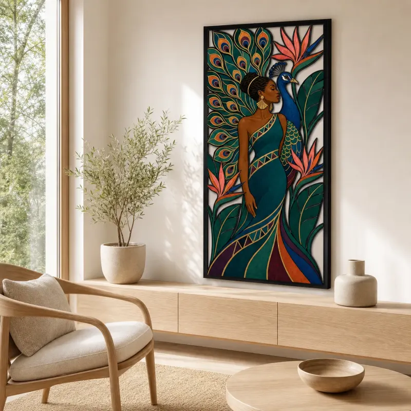 Afro Woman with Peacock Feathers and Tropical Flowers Colorful Metal Wall Art
