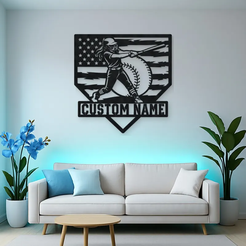Personalized Female Softball Power Swing American Flag Metal Wall Art