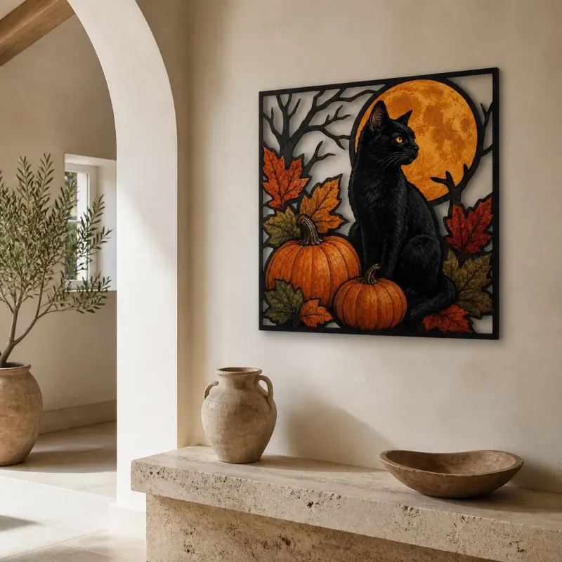Black Cat with Pumpkins and Autumn Leaves Colorful Metal Wall Art