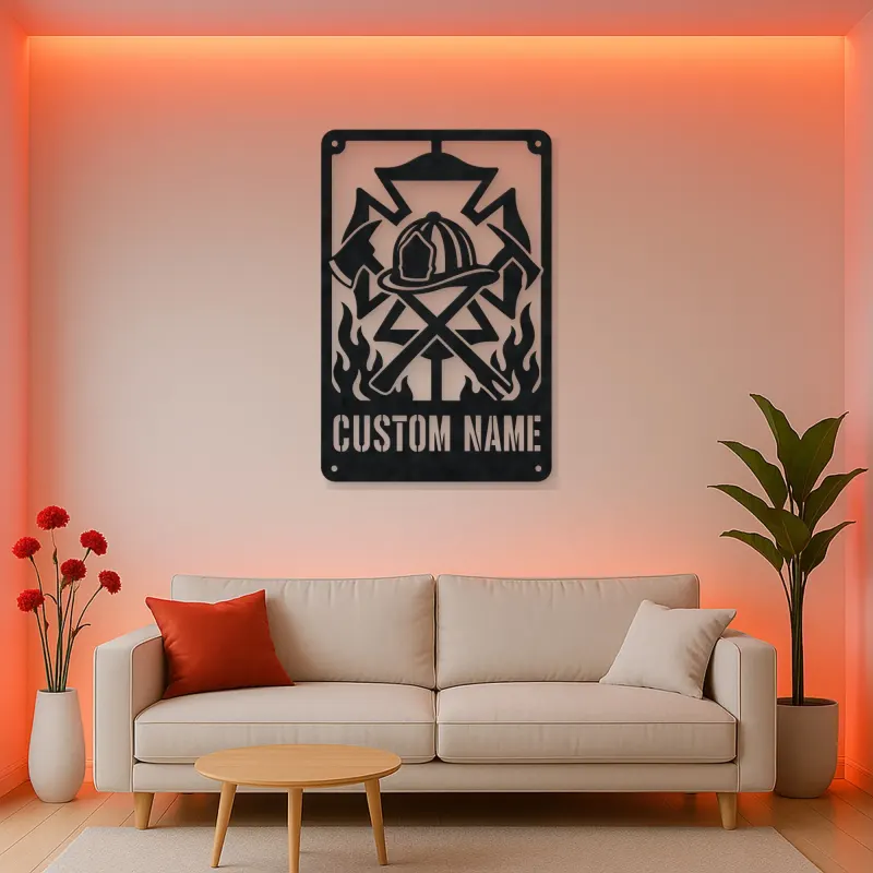 Personalized Firefighter Crest Metal Wall Art with Axes