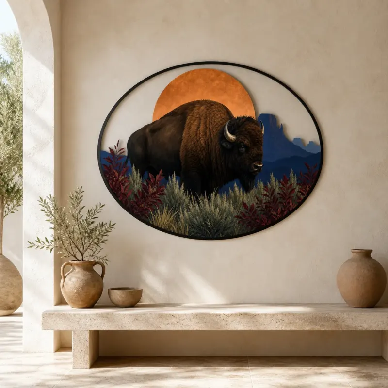 Bison in Desert Landscape beneath Copper Sun Colorful Metal Wall Art