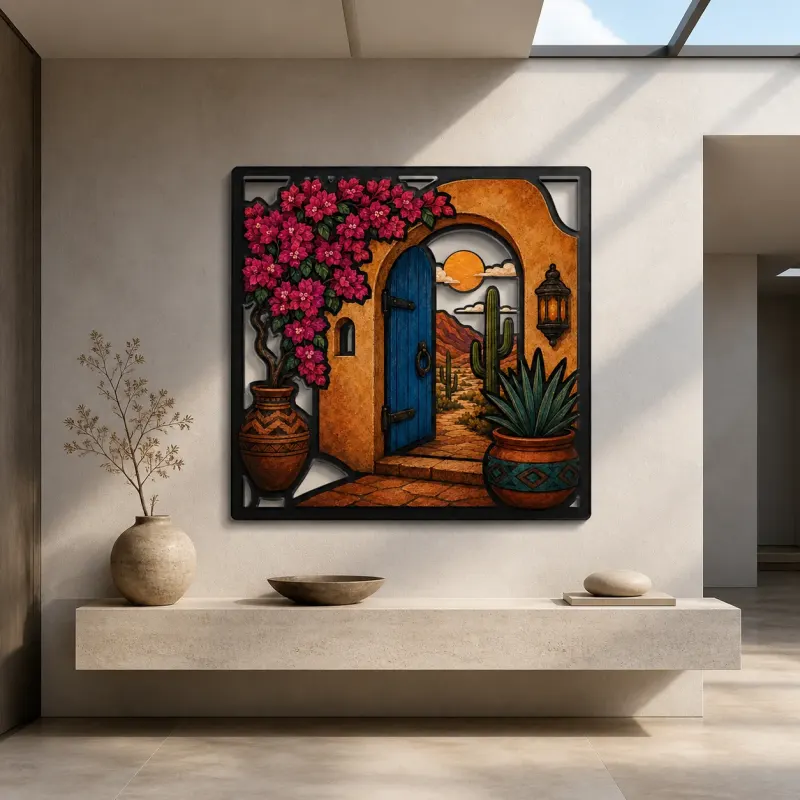 Blue Adobe Door with Bougainvillea and Cactus Colorful Metal Wall Art