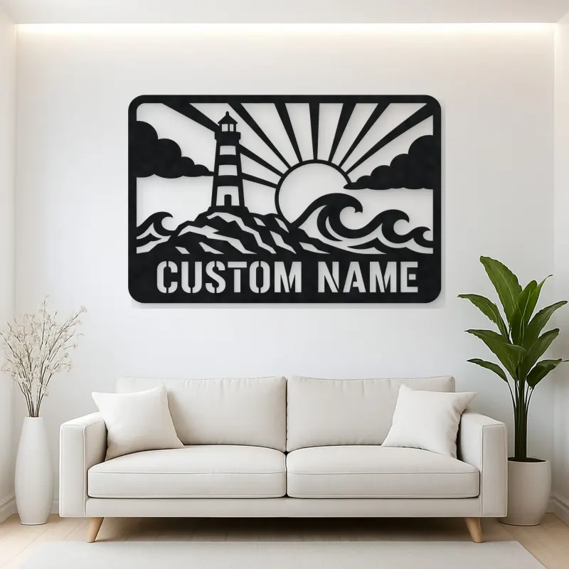 Personalized Lighthouse Metal Wall Art with Ocean Waves