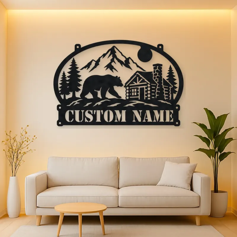 Personalized Bear Cabin Metal Wall Art with Mountain Scene