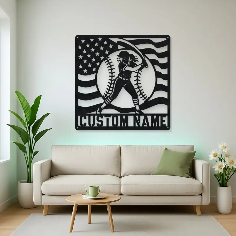 Personalized Female Softball Follow Through Flag Metal Wall Art