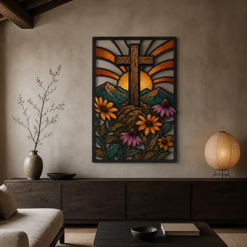 Wooden Cross over Mountains and Wildflowers Colorful Metal Wall Art