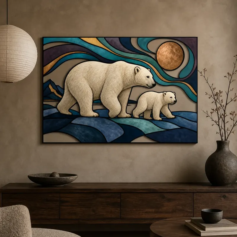 Polar Bear Mother and Cub beneath Copper Moon Colorful Metal Wall Art