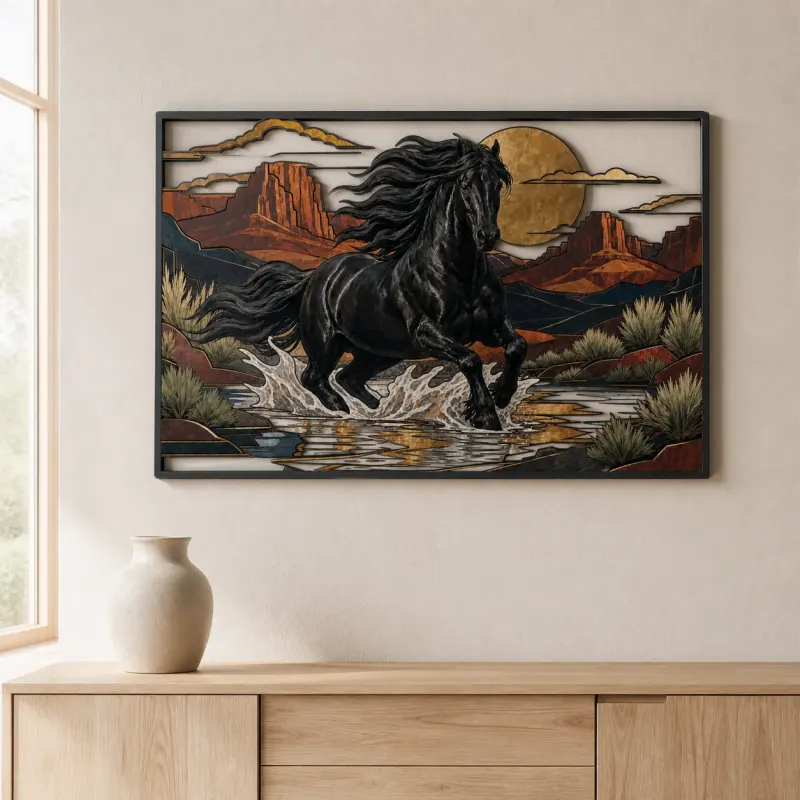 Black Horse Running through Desert Stream Colorful Metal Wall Art