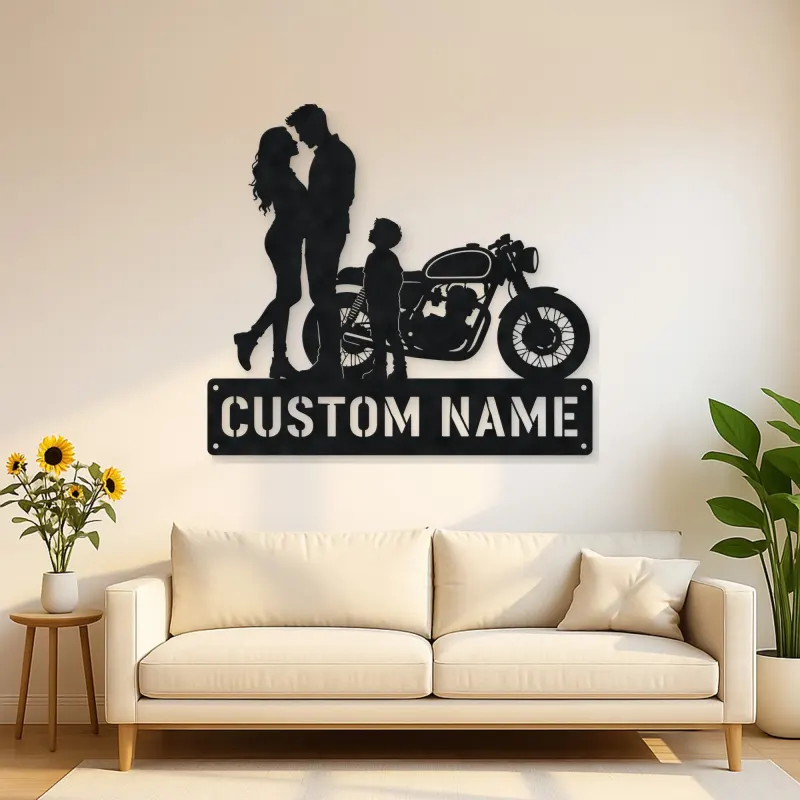 Personalized Cafe Racer Family of Three Metal Wall Art