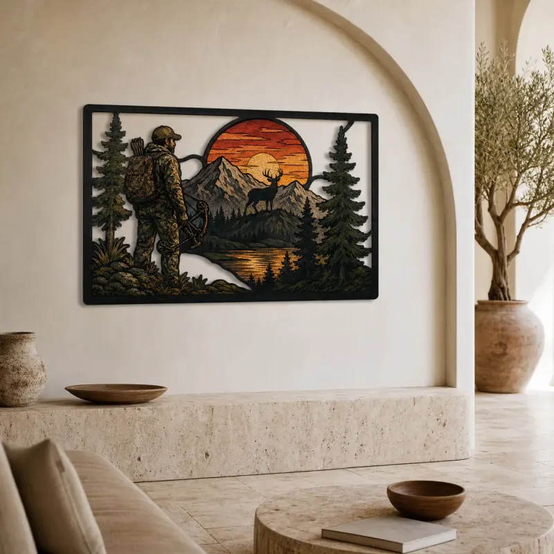Hunter Watching Elk in Mountain Sunset Colorful Metal Wall Art