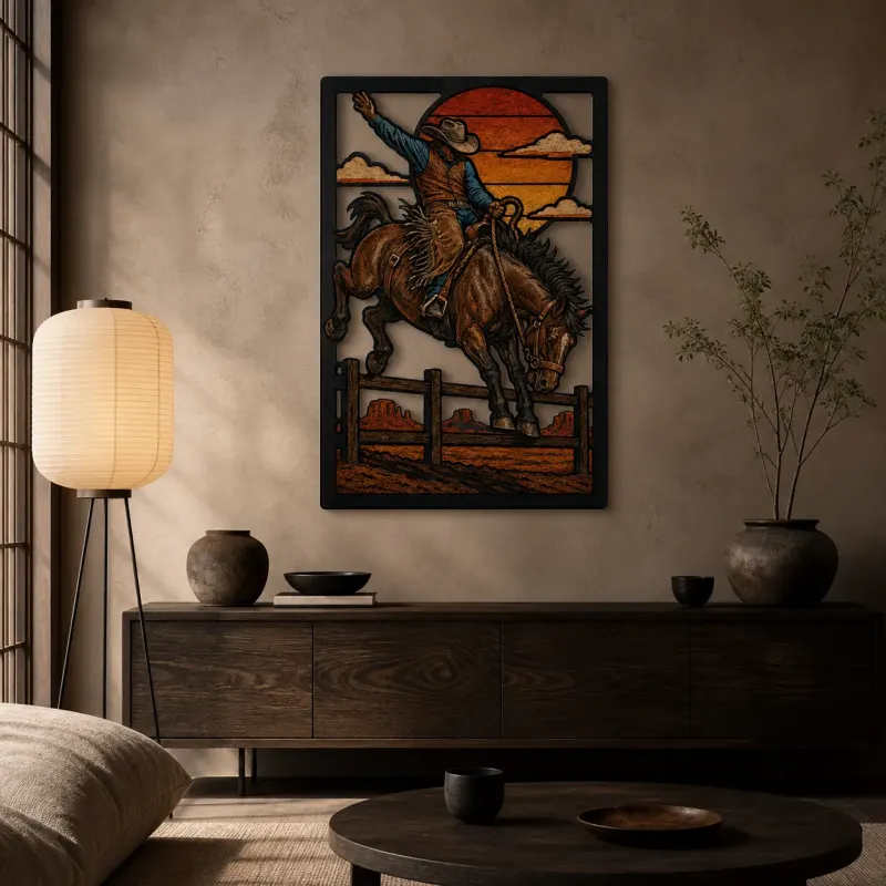 Rodeo Cowboy Riding Bucking Horse at Sunset Colorful Metal Wall Art