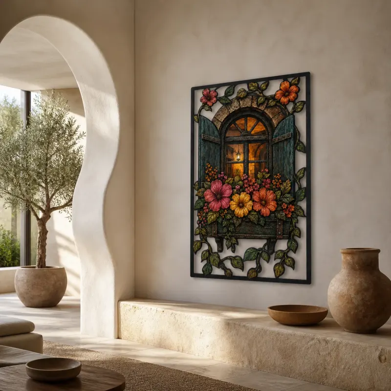 Cottage Window Box with Flowers and Lantern Colorful Metal Wall Art