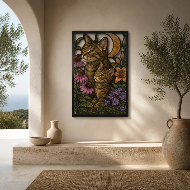 Tabby Mother Cat and Kitten in Flower Garden Colorful Metal Wall Art