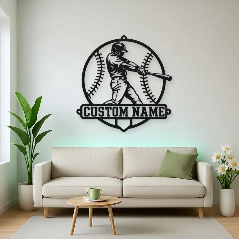 Personalized Baseball Batter Stitched Ball Metal Wall Art