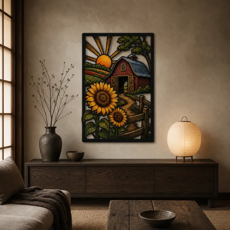 Red Barn with Sunflowers at Sunrise Colorful Metal Wall Art