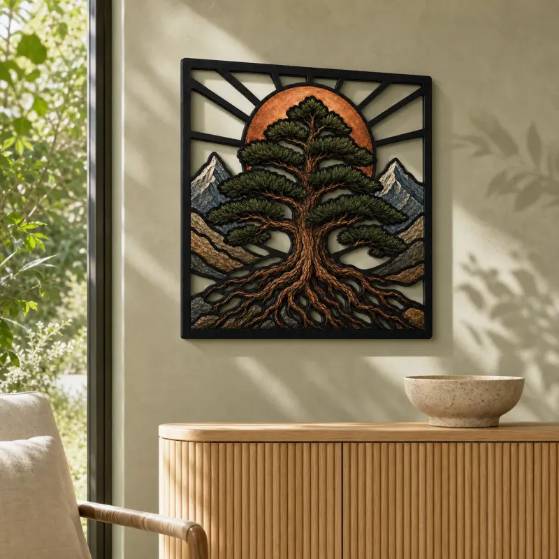 Mountain Pine Tree of Life with Radiant Sun Colorful Metal Wall Art