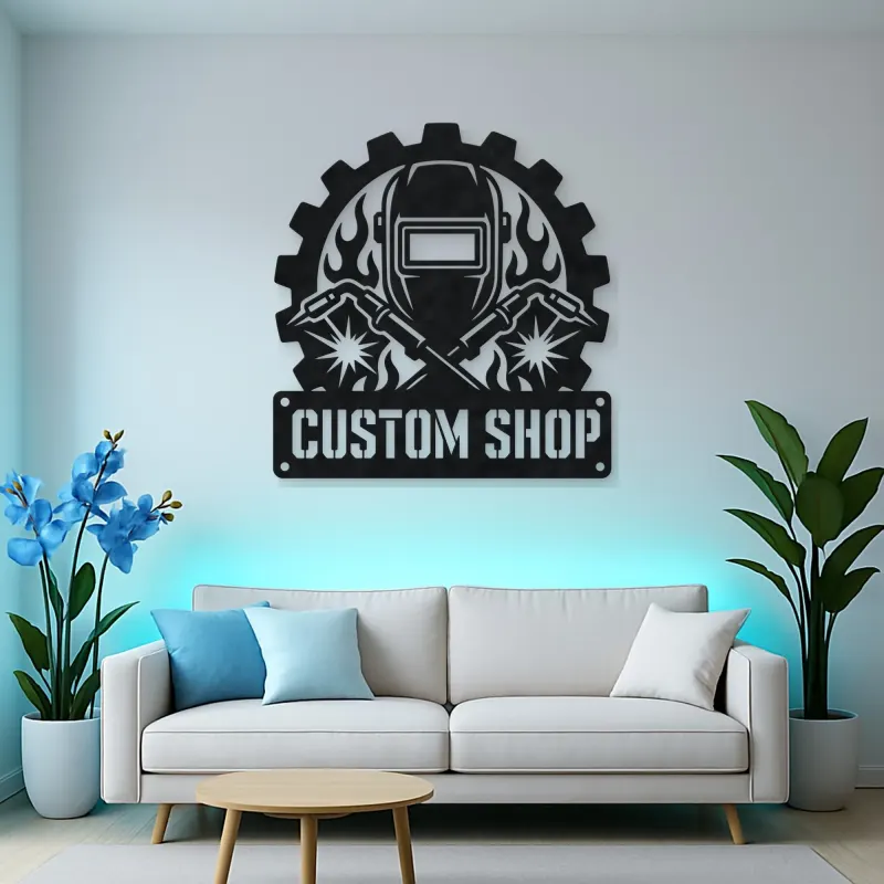 Personalized Welder Helmet Metal Wall Art with Crossed Torches