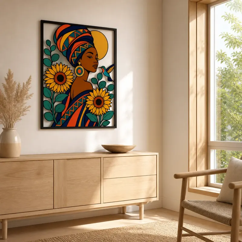 Afro Woman in Headwrap with Sunflowers and Hummingbird Colorful Metal Wall Art