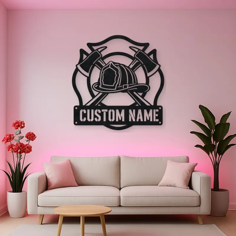 Personalized Firefighter Helmet Metal Wall Art with Crossed Axes