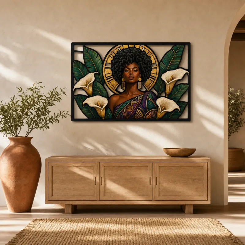 Afro Woman with Calla Lilies and Art Deco Sun Colorful Metal Wall Decor
