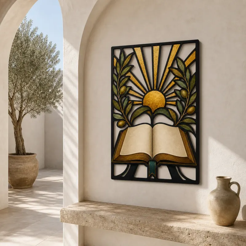 Open Bible with Olive Branches and Radiant Sun Colorful Metal Wall Art
