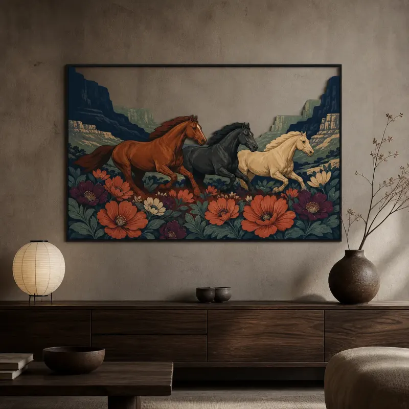Three Wild Horses Running through Desert Flowers Colorful Metal Wall Art