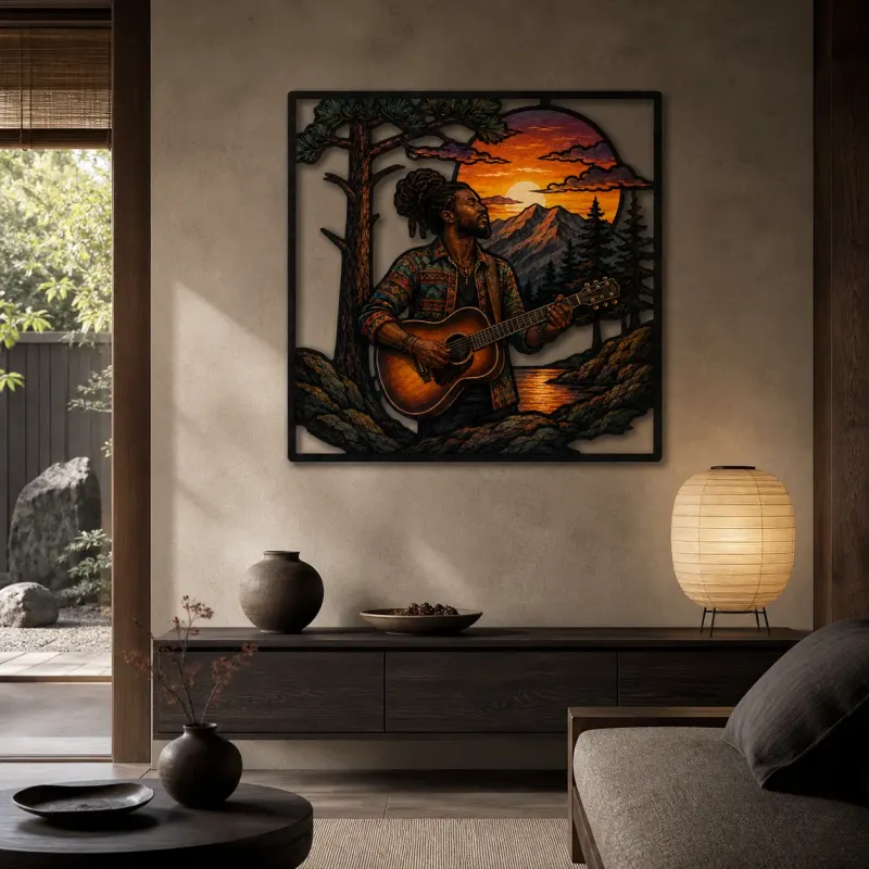 Acoustic Guitarist by Mountain Lake at Sunset Colorful Metal Wall Art