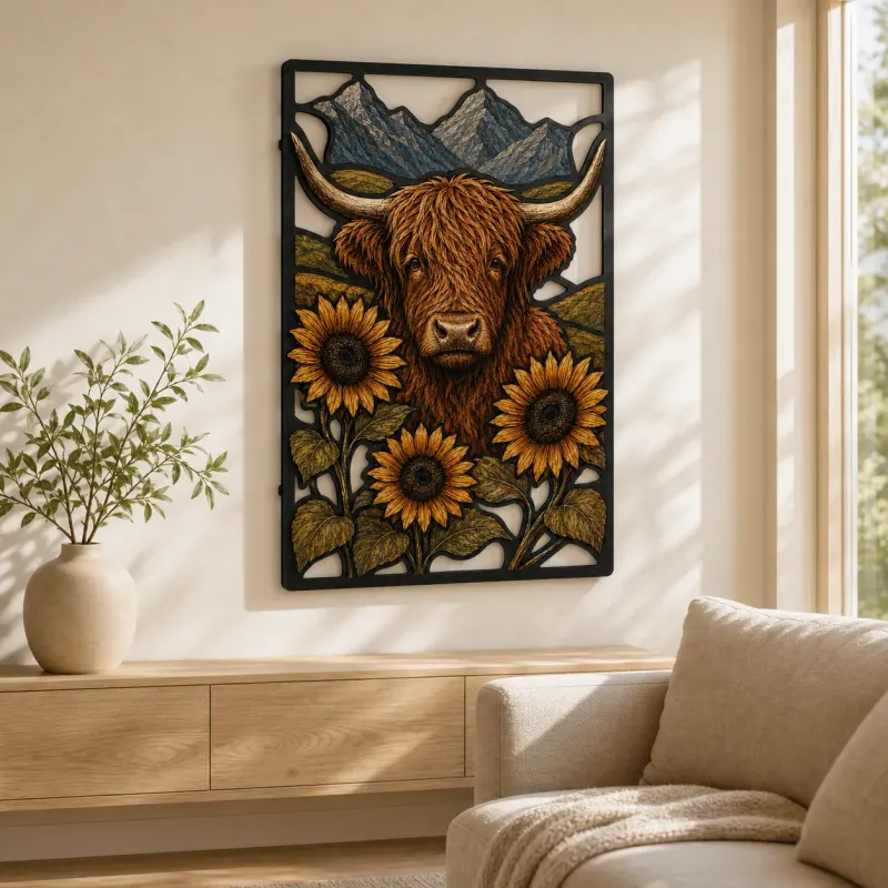 Highland Cow with Sunflowers and Mountain Landscape Colorful Metal Wall Art
