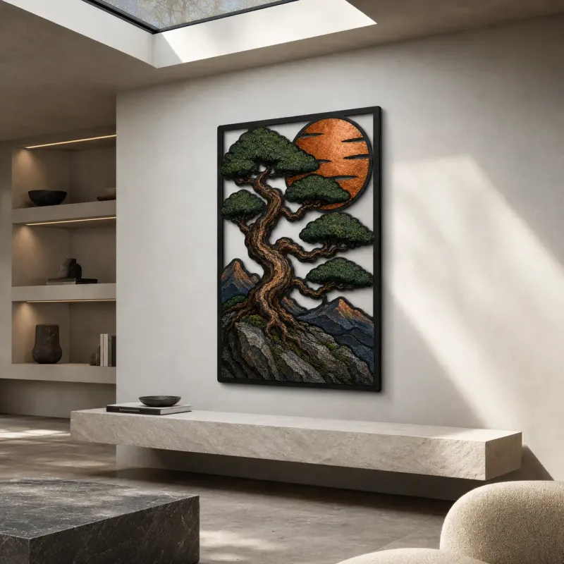 Bonsai Pine on Mountain Cliff at Sunset Colorful Metal Wall Art