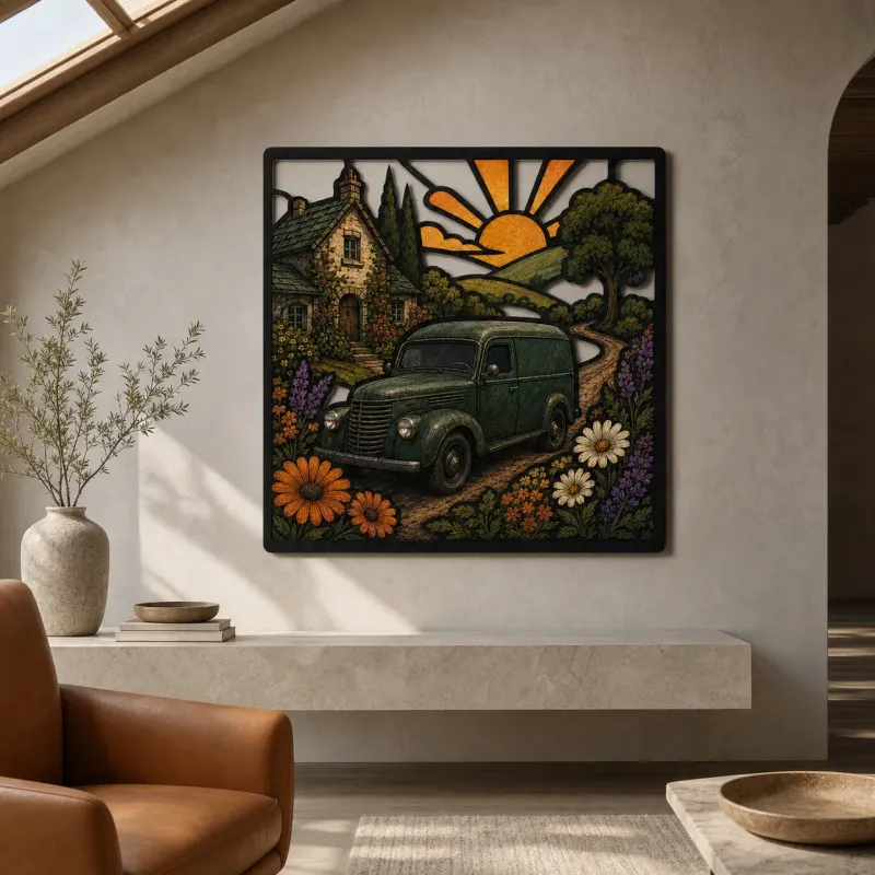 Classic Panel Van outside Flowered Cottage Colorful Metal Wall Art
