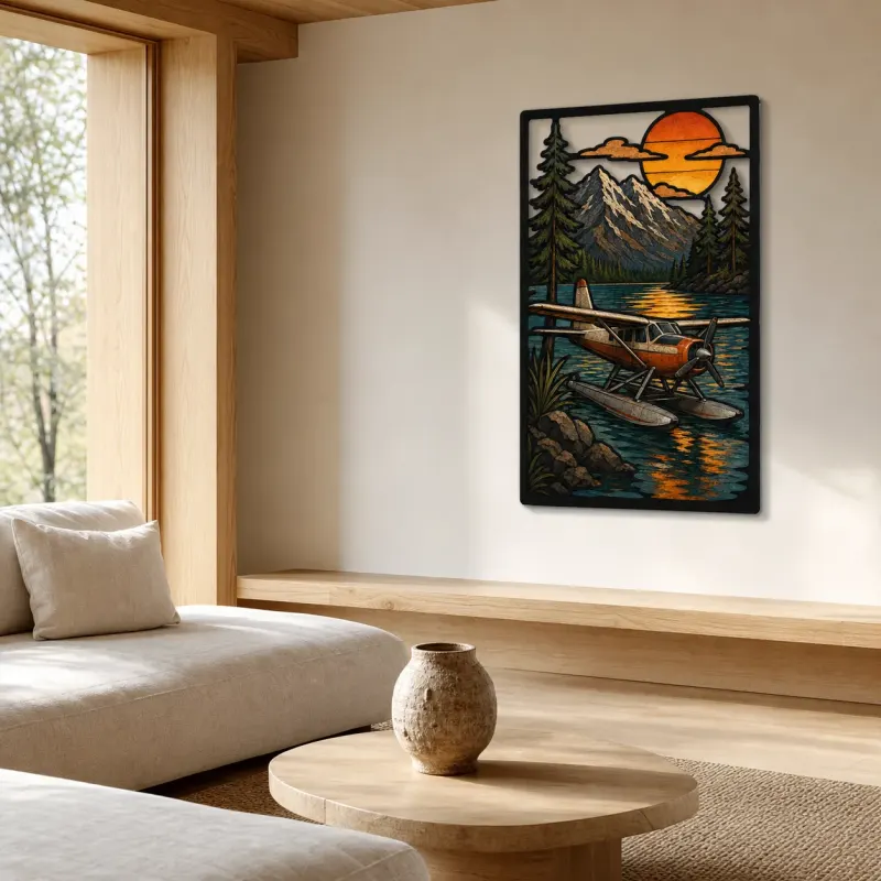 Vintage Seaplane on Mountain Lake at Sunset Colorful Metal Wall Art
