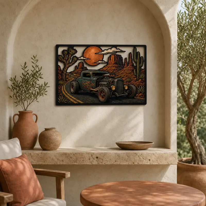 Vintage Hot Rod on Desert Canyon Road Colorful Metal Wall Art