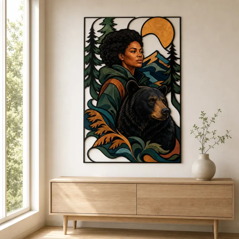 Black Woman with Bear in Mountain Forest Colorful Metal Wall Art
