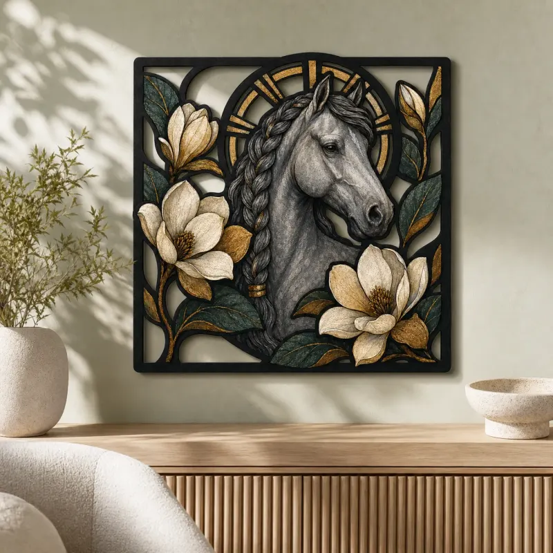 Braided Gray Horse with White Magnolia Flowers Colorful Metal Wall Art