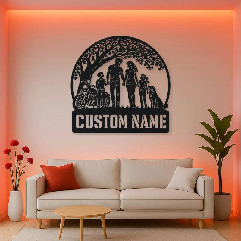 Personalized Family of Four Dog and Motorcycle Metal Wall Art