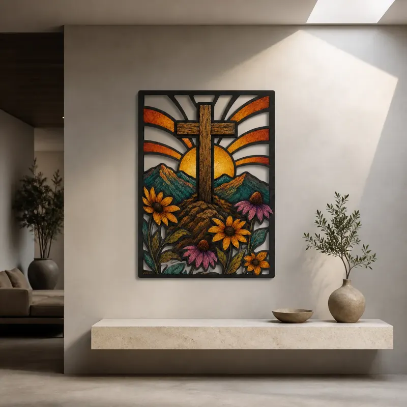 Wooden Cross over Mountains and Wildflowers Colorful Metal Wall Art