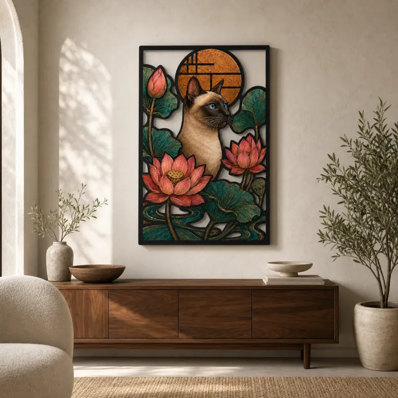 Gatto Siamese con Fiori di Loto e Sole Rame Insegna in Metallo Colorata