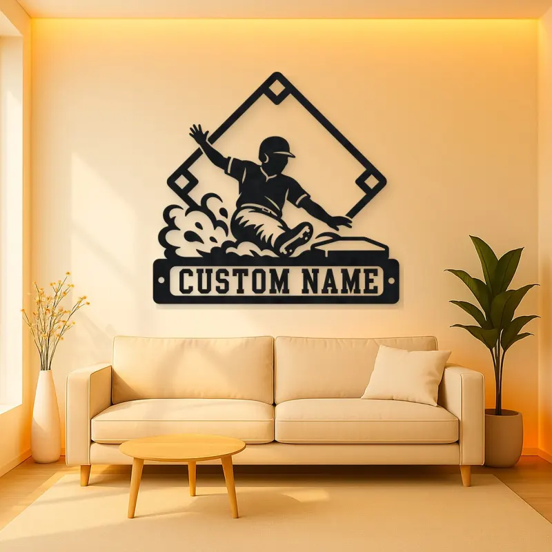 Personalized Baseball Player Sliding Home Metal Wall Art