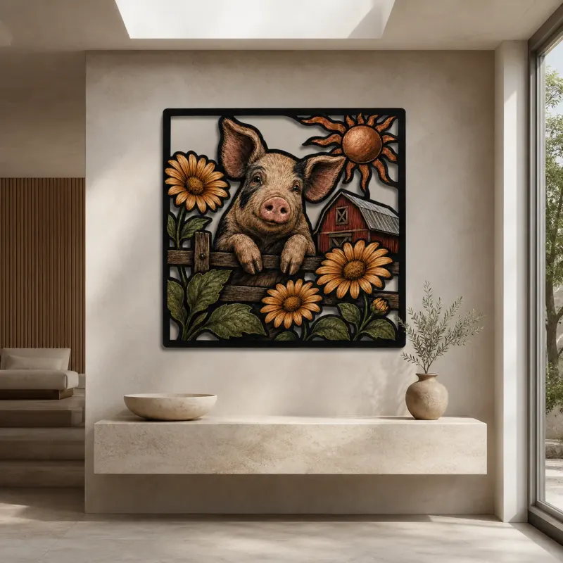 Happy Pig with Daisies and Farmhouse Barn Colorful Metal Wall Art