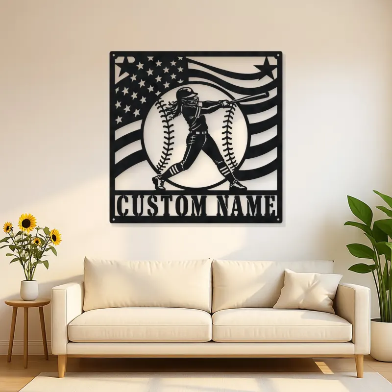 Personalized Female Softball Batter Waving Flag Metal Wall Art