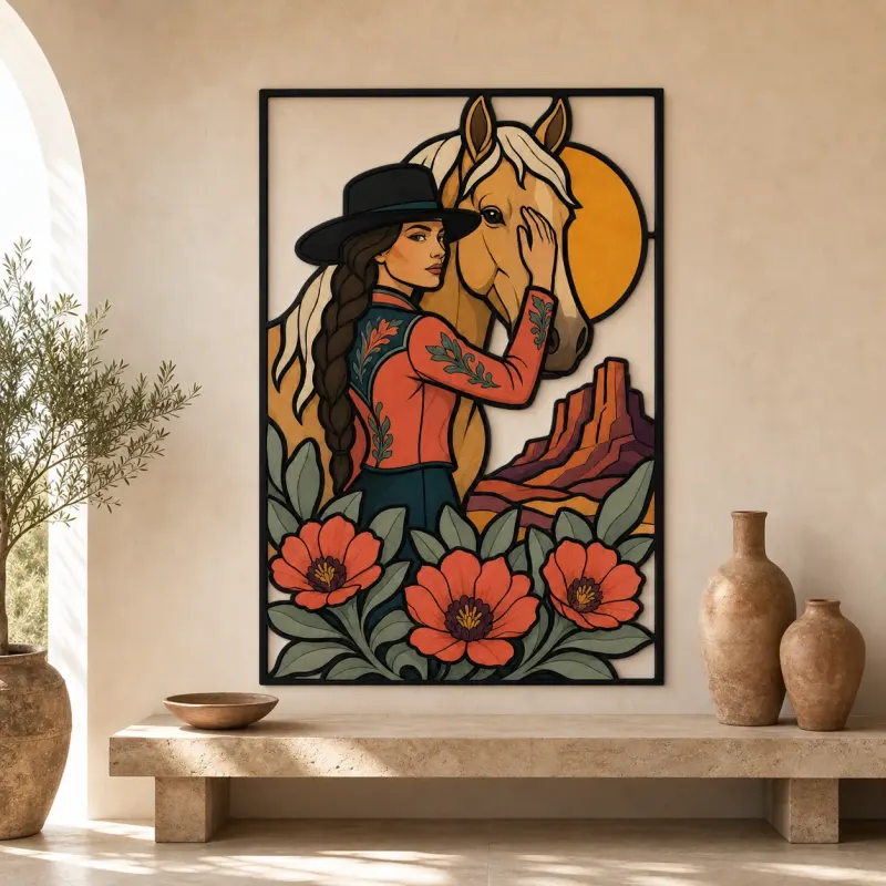 Cowgirl with Palomino Horse and Desert Poppies Colorful Metal Wall Art