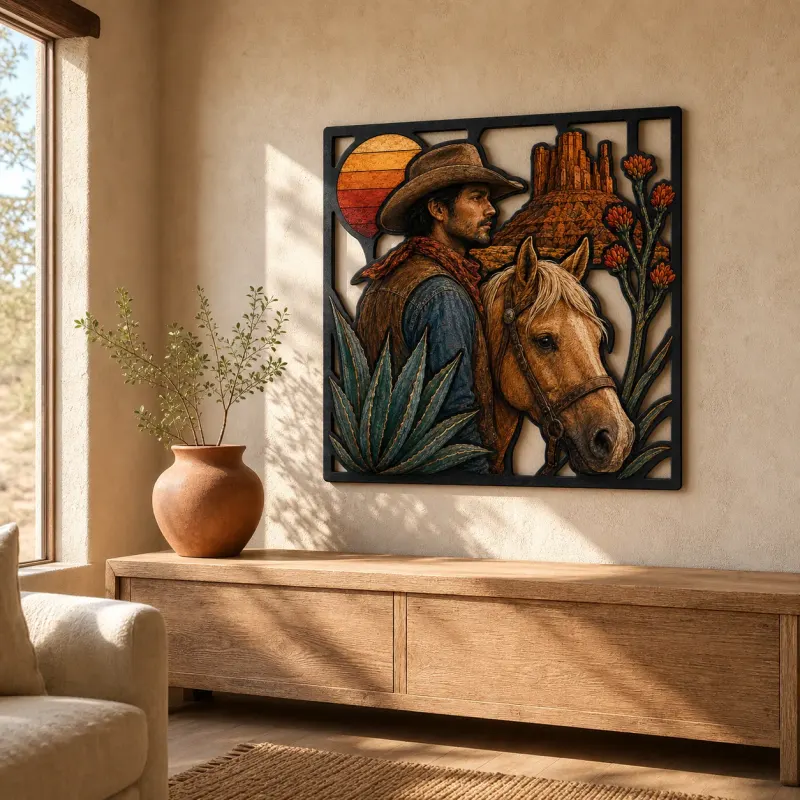 Cowboy with Palomino Horse at Desert Sunset Colorful Metal Wall Art